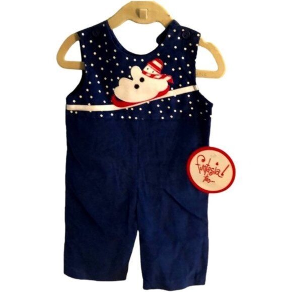 Funtasia! too... Overalls, Blue with Polka Dots and Snowman Applique. Size 6M - Picture 1 of 5
